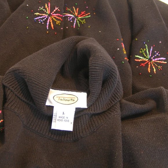 Talbots Black Cotton Turtleneck Fireworks or Stars Embroidered Design - Picture 4 of 4